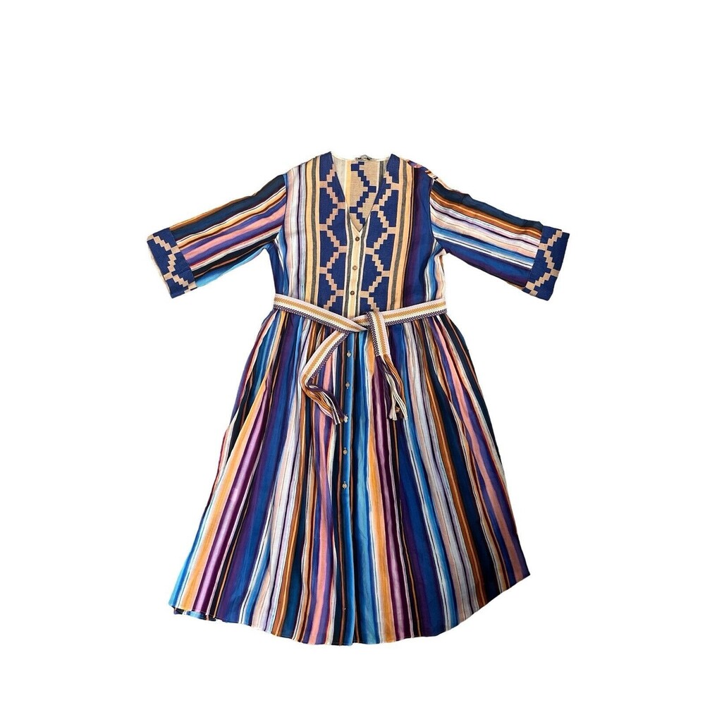 Devotion Twins Midi Dress Womens Small Blue Stripe Geometric Button Front Boho‎